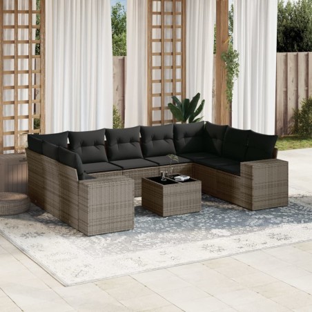 vidaXL Set de sofás de jardín 10 pzas con cojines ratán sintético gris