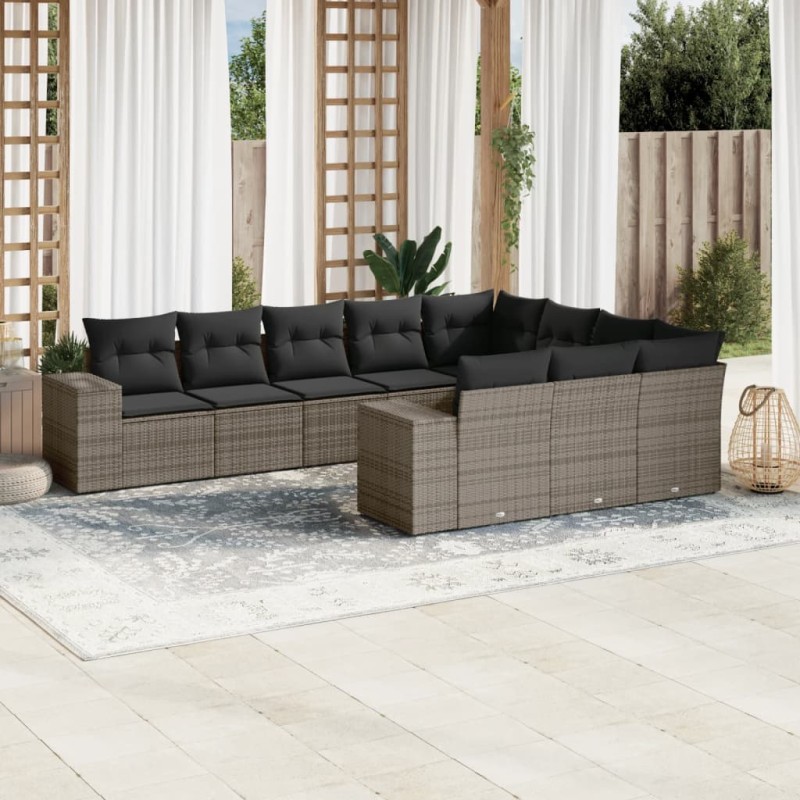 vidaXL Set de sofás de jardín 10 pzas con cojines ratán sintético gris vidaXL Set de sofás de jardín 10 pzas con cojines ratán sintético gris