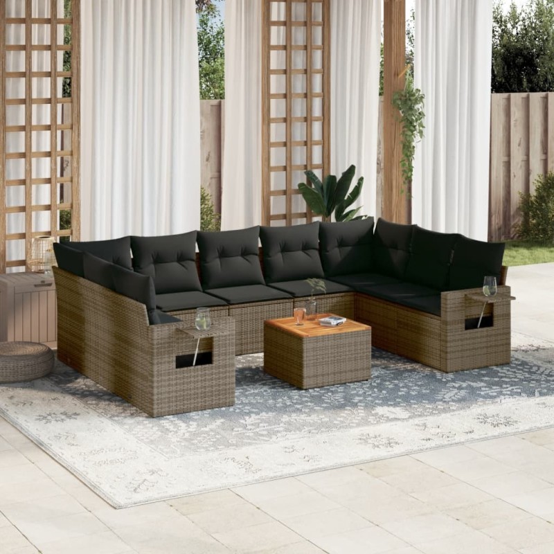 vidaXL Set de sofás de jardín 10 pzas con cojines ratán sintético gris vidaXL Set de sofás de jardín 10 pzas con cojines ratán sintético gris