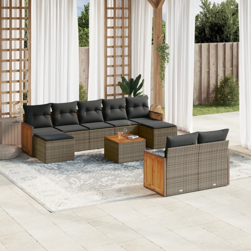 vidaXL Set de sofás de jardín 10 pzas con cojines ratán sintético gris vidaXL Set de sofás de jardín 10 pzas con cojines ratán sintético gris