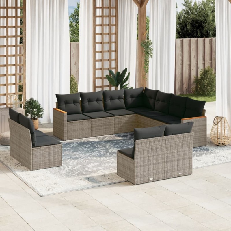 vidaXL Set de sofás de jardín 11 pzas y cojines ratán sintético gris vidaXL Set de sofás de jardín 11 pzas y cojines ratán sintético gris