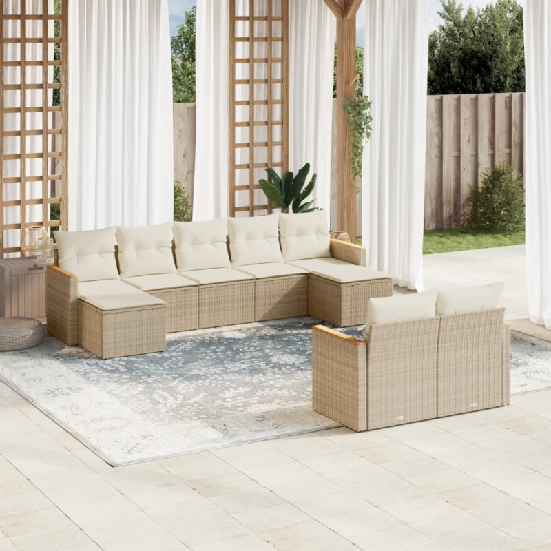 vidaXL Set de sofás de jardín 9 pzas con cojines ratán sintético beige vidaXL Set de sofás de jardín 9 pzas con cojines ratán sintético beige