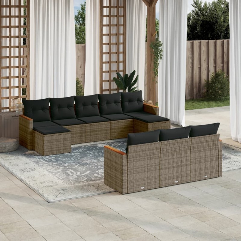 vidaXL Set de sofás de jardín 10 pzas con cojines ratán sintético gris vidaXL Set de sofás de jardín 10 pzas con cojines ratán sintético gris