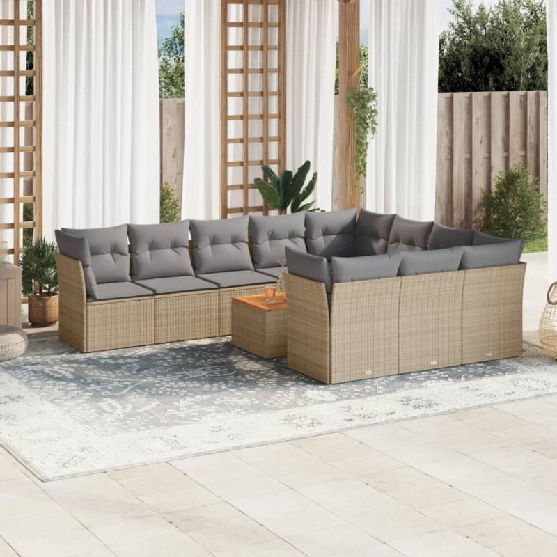 vidaXL Juego de sofás jardín con cojines beige mezcla 11 pzas ratán PE