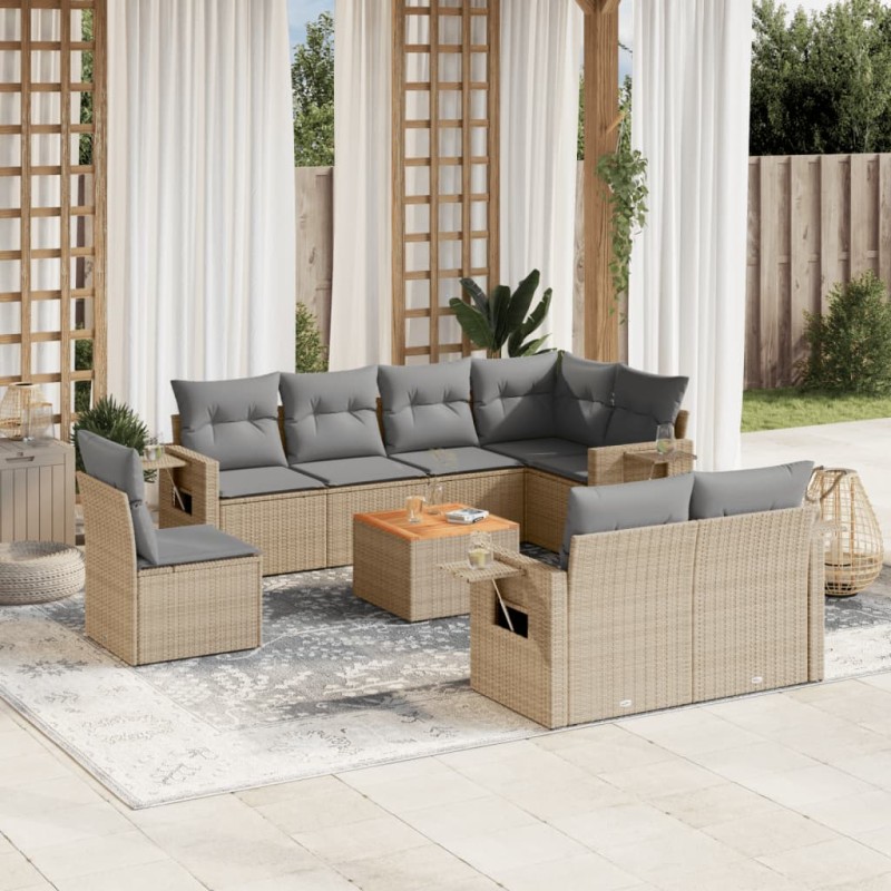 vidaXL Juego de sofás jardín con cojines beige mezcla 9 pzas ratán PE vidaXL Juego de sofás jardín con cojines beige mezcla 9 pzas ratán PE