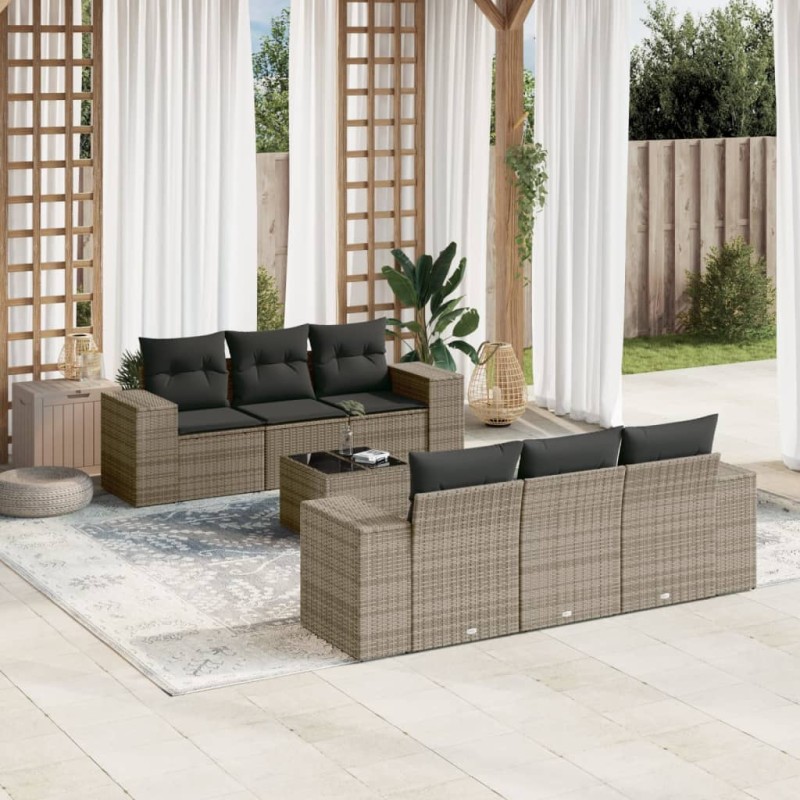 vidaXL Set de sofás de jardín 7 piezas con cojines ratán PE gris vidaXL Set de sofás de jardín 7 piezas con cojines ratán PE gris