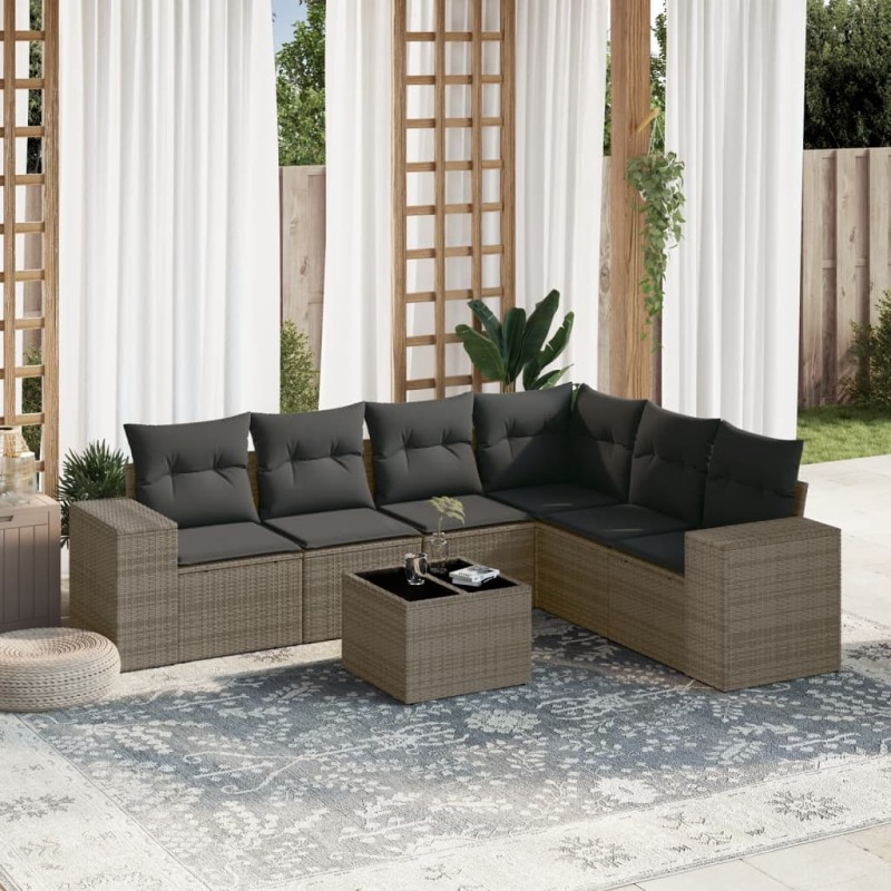 vidaXL Set de sofás de jardín 7 piezas con cojines ratán PE gris vidaXL Set de sofás de jardín 7 piezas con cojines ratán PE gris