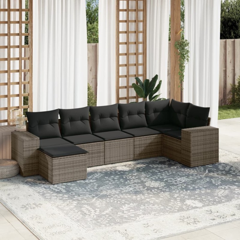 vidaXL Set de sofás de jardín 7 piezas con cojines ratán PE gris vidaXL Set de sofás de jardín 7 piezas con cojines ratán PE gris