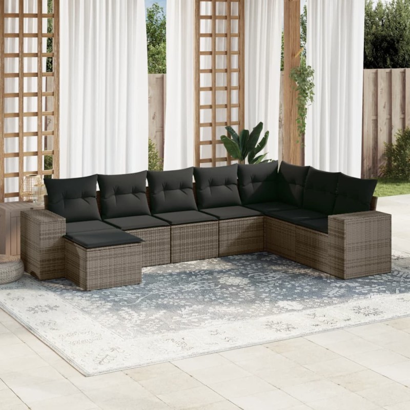 vidaXL Set de sofás de jardín 8 pzas y cojines ratán sintético gris vidaXL Set de sofás de jardín 8 pzas y cojines ratán sintético gris