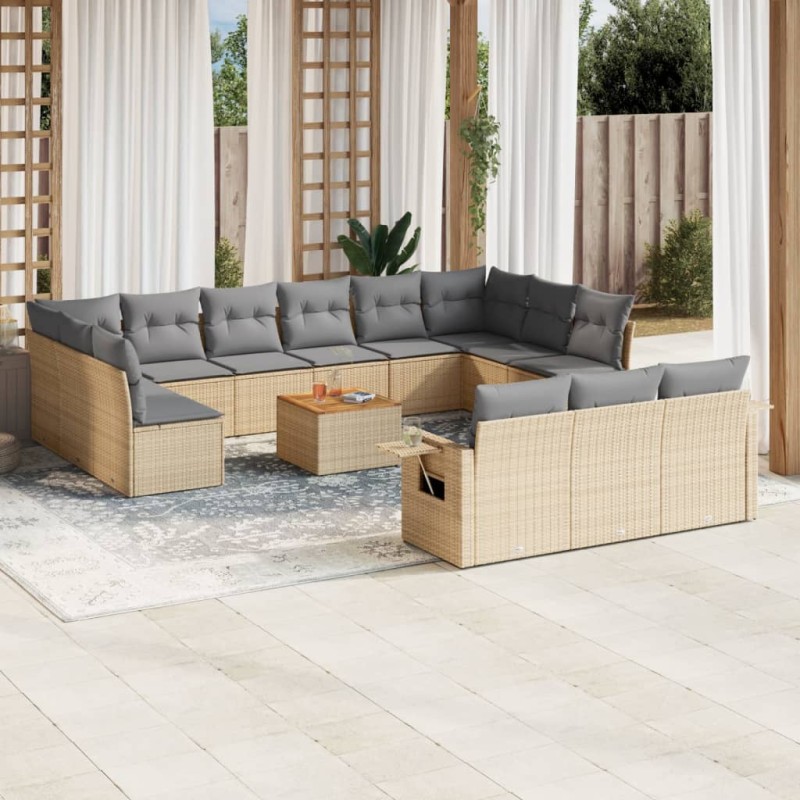 vidaXL Set sofás jardín 14 pzas y cojines ratán sintético beige mezcla