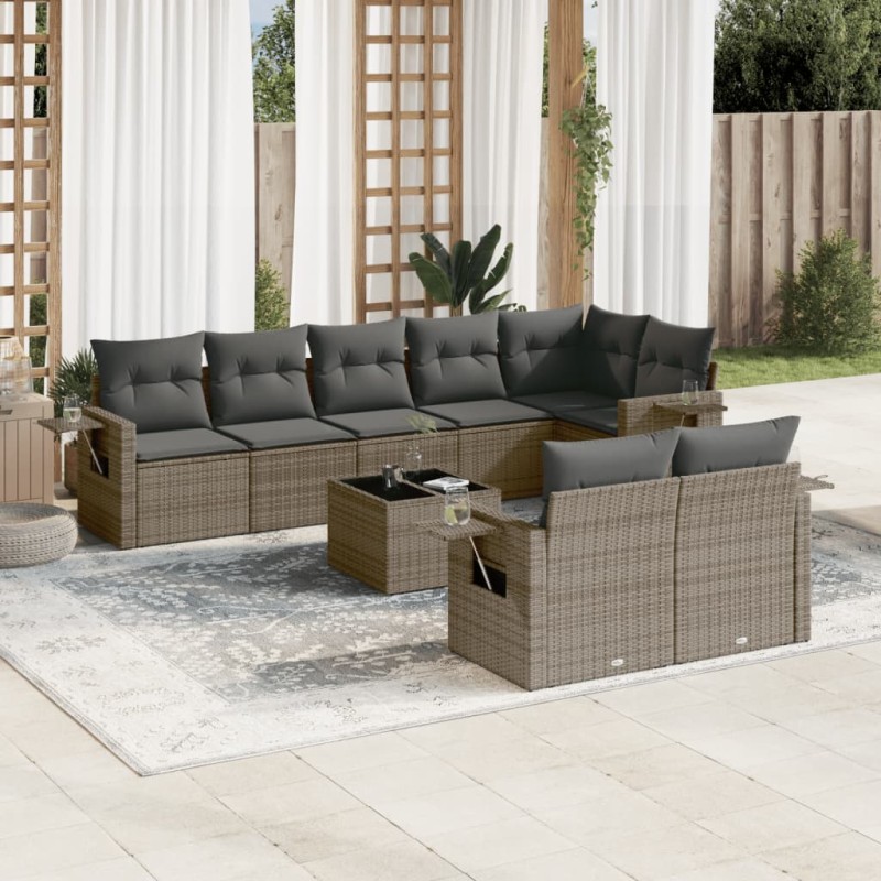 vidaXL Set de muebles de jardín 9 pzas y cojines ratán sintético gris vidaXL Set de muebles de jardín 9 pzas y cojines ratán sintético gris