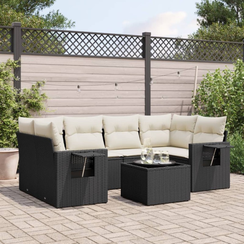 vidaXL Set de comedor de jardín 7 pzas y cojines ratán sintético negro