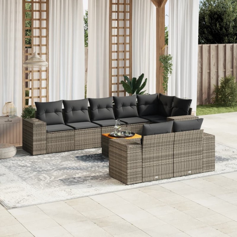 vidaXL Set de muebles de jardín 9 pzas y cojines ratán sintético gris vidaXL Set de muebles de jardín 9 pzas y cojines ratán sintético gris