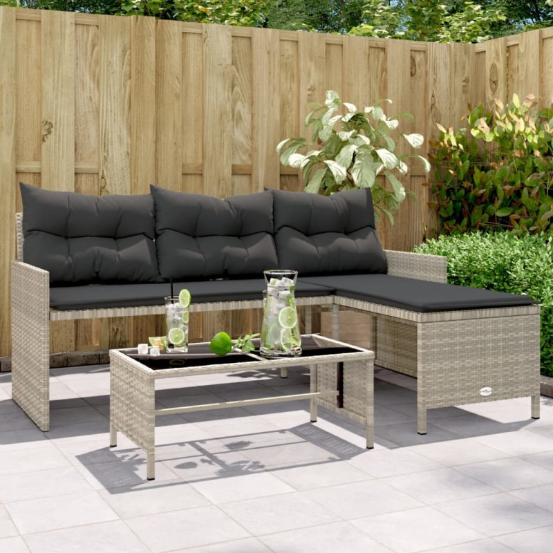 vidaXL Sofá jardín forma de L con mesa y cojines ratán PE gris claro vidaXL Sofá jardín forma de L con mesa y cojines ratán PE gris claro