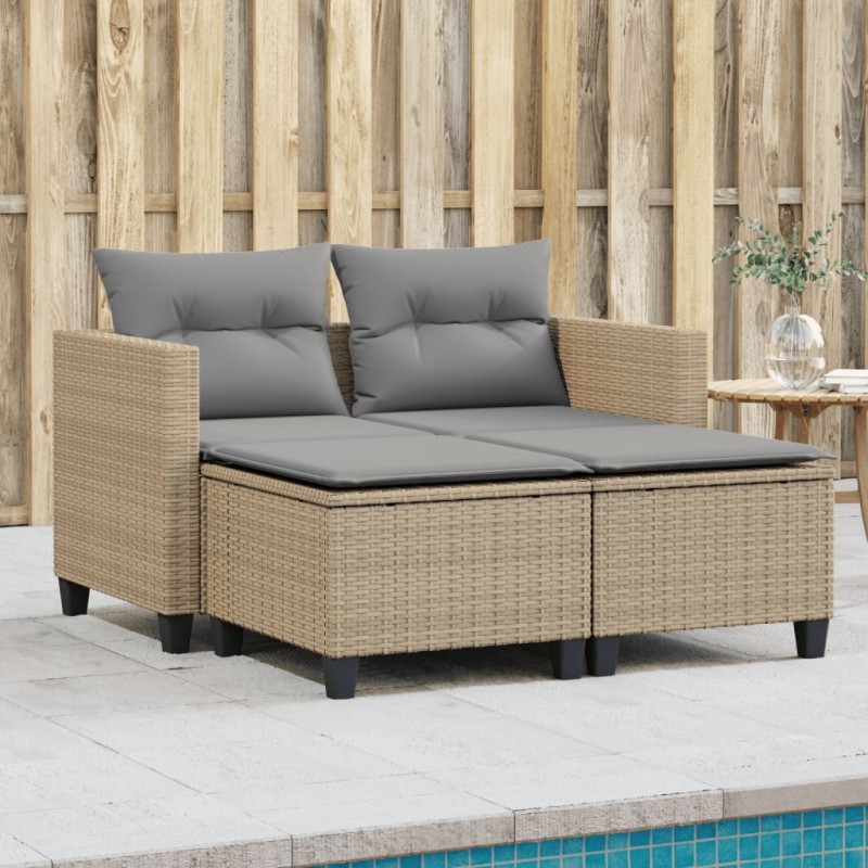 vidaXL Sofá de jardín 2 plazas con toldo y taburetes ratán PE beige vidaXL Sofá de jardín 2 plazas con toldo y taburetes ratán PE beige