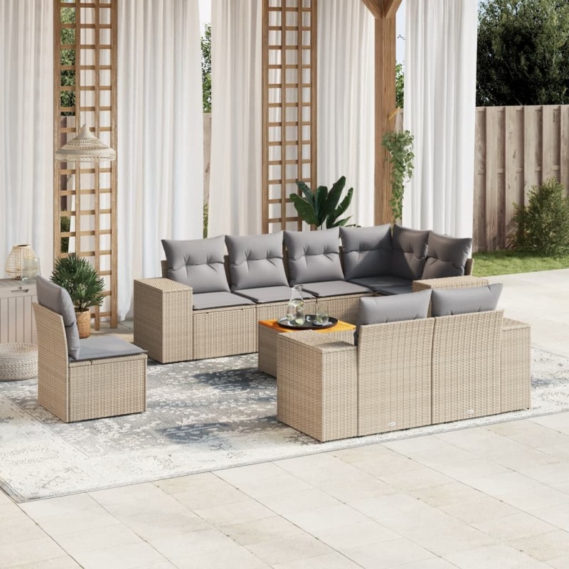 vidaXL Set de sofás de jardín 9 pzas con cojines ratán sintético beige vidaXL Set de sofás de jardín 9 pzas con cojines ratán sintético beige