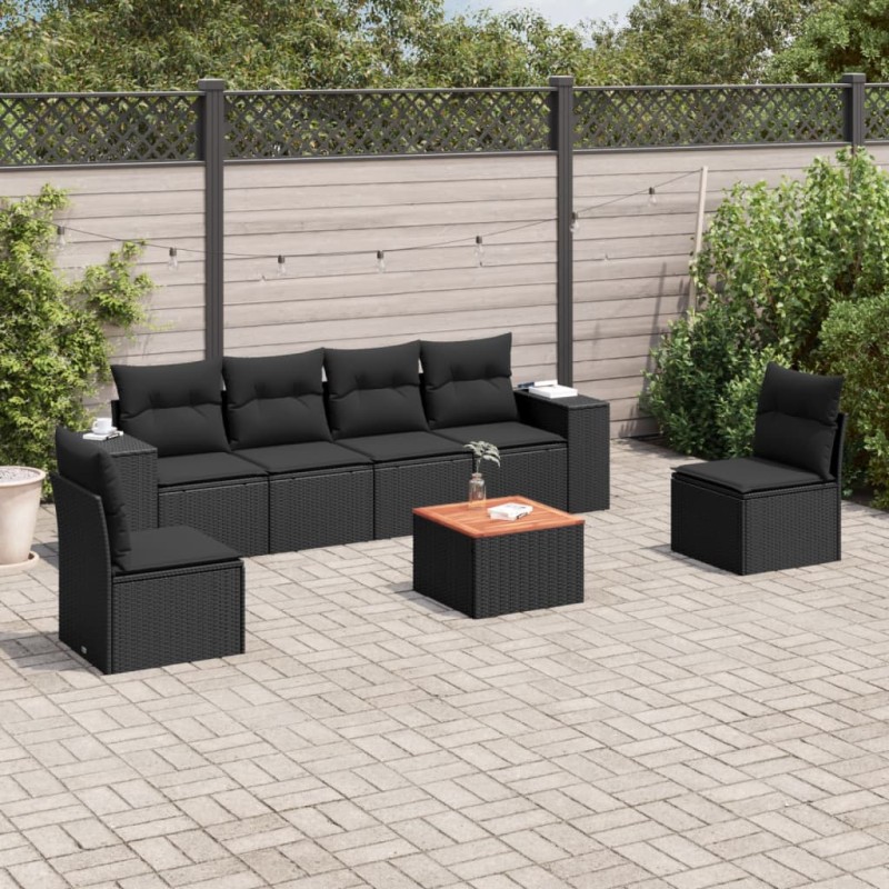 vidaXL Set de comedor de jardín 7 pzas y cojines ratán sintético negro
