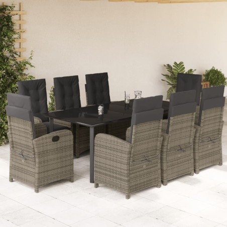 vidaXL Set comedor jardín 9 pzas y cojines ratán sintético gris