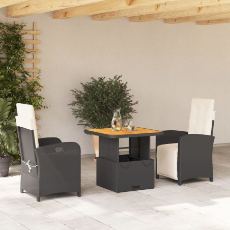 vidaXL Set comedor de jardín 3 pzas con cojines ratán sintético negro