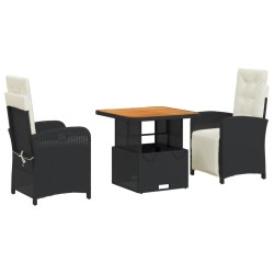vidaXL Set comedor de jardín 3 pzas con cojines ratán sintético negro