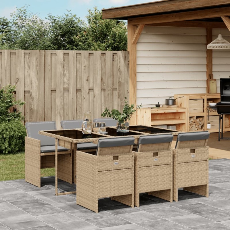 vidaXL Set comedor de jardín 7 pzas con cojines ratán sintético beige vidaXL Set comedor de jardín 7 pzas con cojines ratán sintético beige