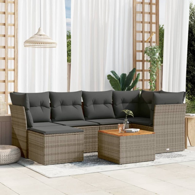 vidaXL Set de sofás de jardín 7 piezas con cojines ratán PE gris vidaXL Set de sofás de jardín 7 piezas con cojines ratán PE gris
