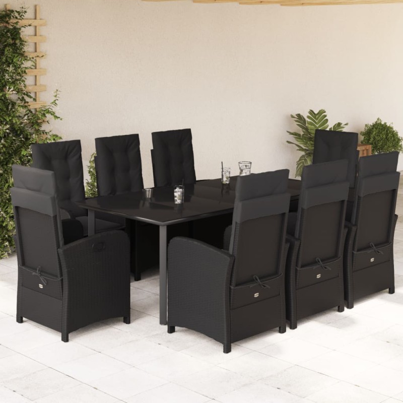 vidaXL Set de comedor de jardín 9 pzas y cojines ratán sintético negro