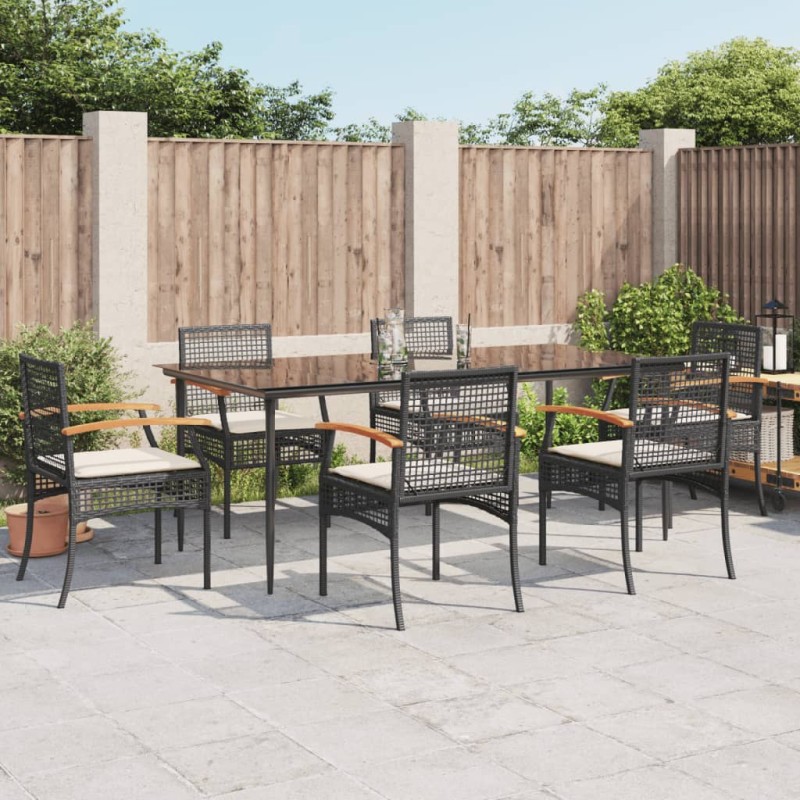 vidaXL Set de comedor de jardín 7 pzas y cojines ratán sintético negro