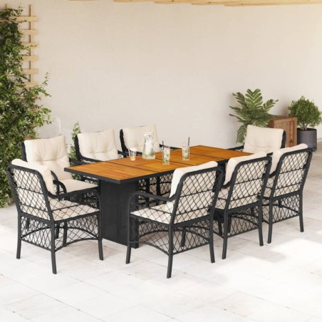 vidaXL Set de comedor de jardín 9 pzas y cojines ratán sintético negro