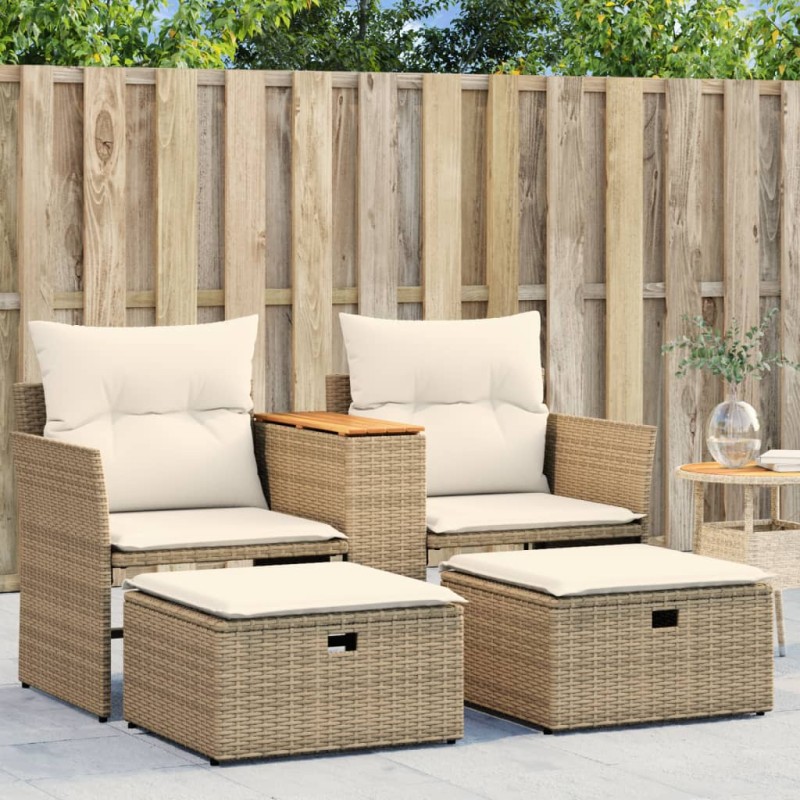 vidaXL Sofá de jardín 2 plazas con toldo y taburetes ratán PE beige vidaXL Sofá de jardín 2 plazas con toldo y taburetes ratán PE beige