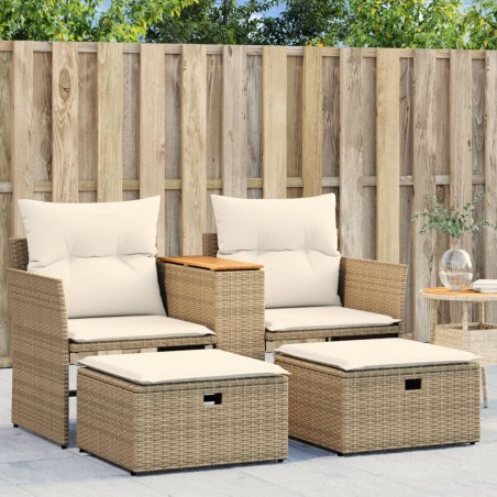 vidaXL Sofá de jardín 2 plazas con toldo y taburetes ratán PE beige