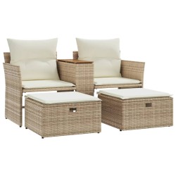 vidaXL Sofá de jardín 2 plazas con toldo y taburetes ratán PE beige