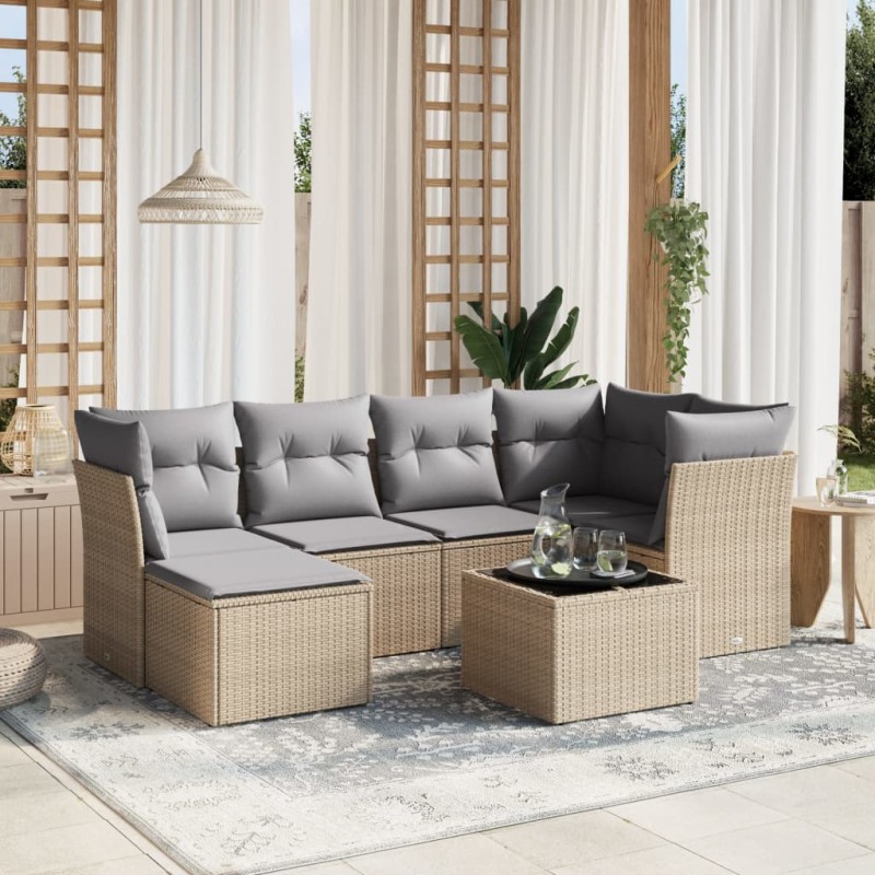 vidaXL Juego de sofás jardín con cojines beige mezcla 7 pzas ratán PE