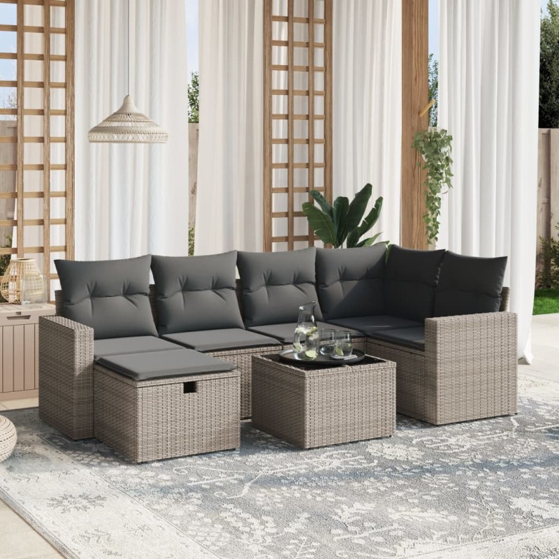 vidaXL Set de sofás de jardín 7 piezas con cojines ratán PE gris vidaXL Set de sofás de jardín 7 piezas con cojines ratán PE gris