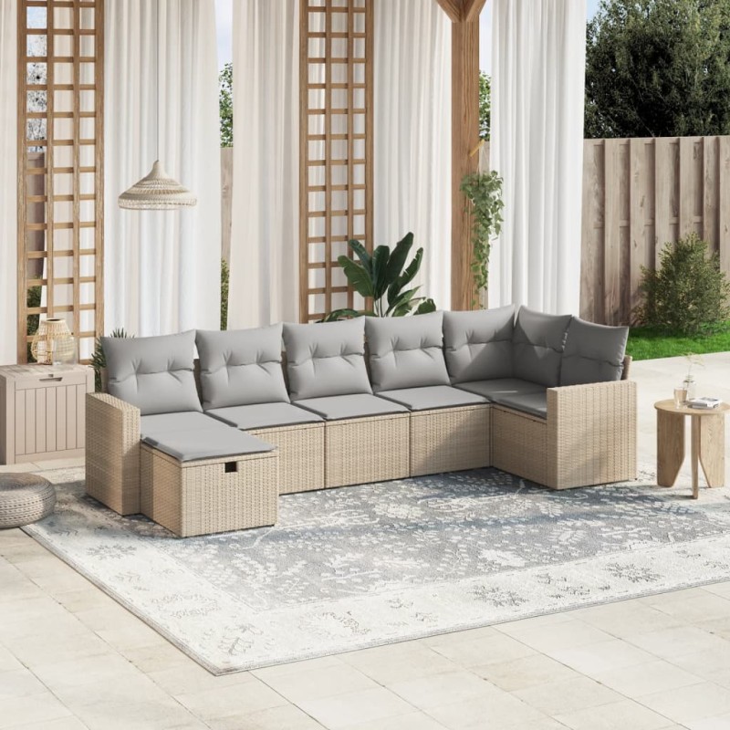 vidaXL Juego de sofás jardín con cojines beige mezcla 7 pzas ratán PE vidaXL Juego de sofás jardín con cojines beige mezcla 7 pzas ratán PE