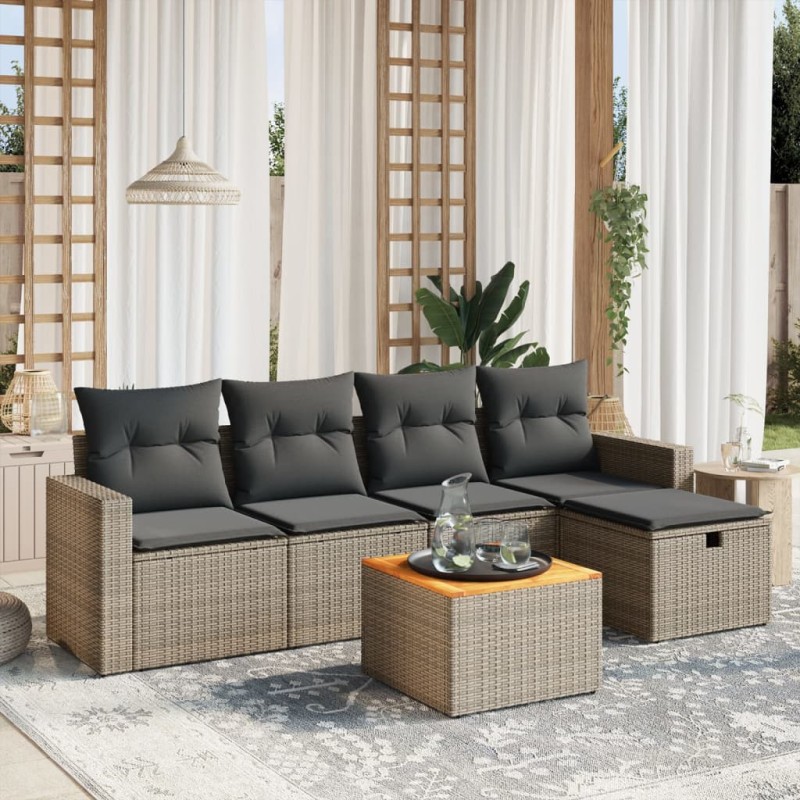 vidaXL Set de muebles de jardín 6 pzas y cojines ratán sintético gris vidaXL Set de muebles de jardín 6 pzas y cojines ratán sintético gris
