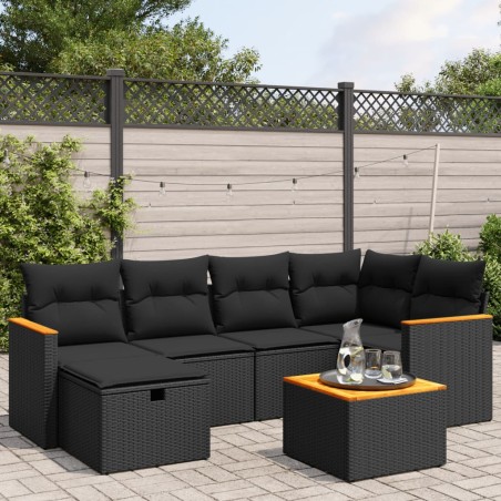 vidaXL Set de comedor de jardín 7 pzas y cojines ratán sintético negro