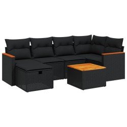 vidaXL Set de comedor de jardín 7 pzas y cojines ratán sintético negro
