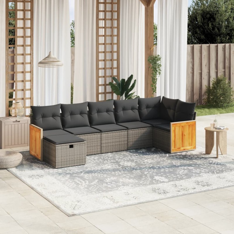 vidaXL Set de sofás de jardín 7 piezas con cojines ratán PE gris vidaXL Set de sofás de jardín 7 piezas con cojines ratán PE gris