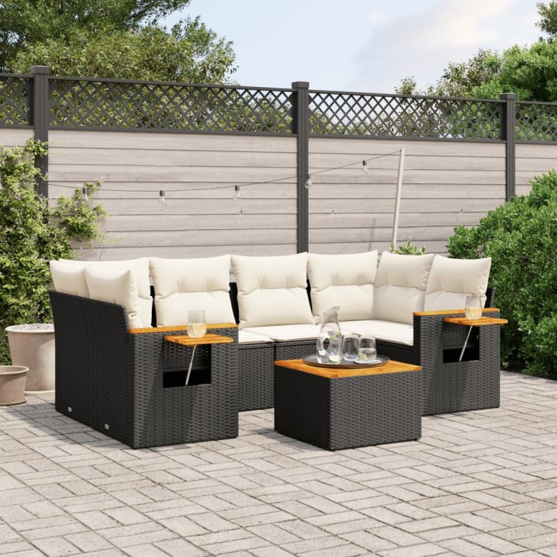 vidaXL Set de comedor de jardín 7 pzas y cojines ratán sintético negro