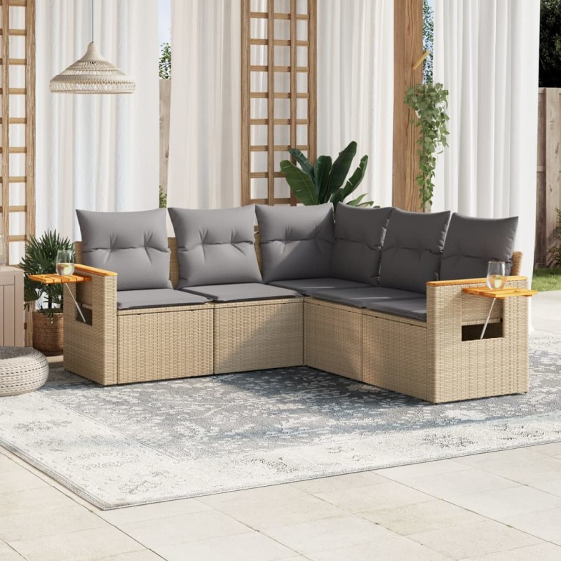 vidaXL Juego de sofás jardín con cojines 5 pzas ratán sintético beige vidaXL Juego de sofás jardín con cojines 5 pzas ratán sintético beige