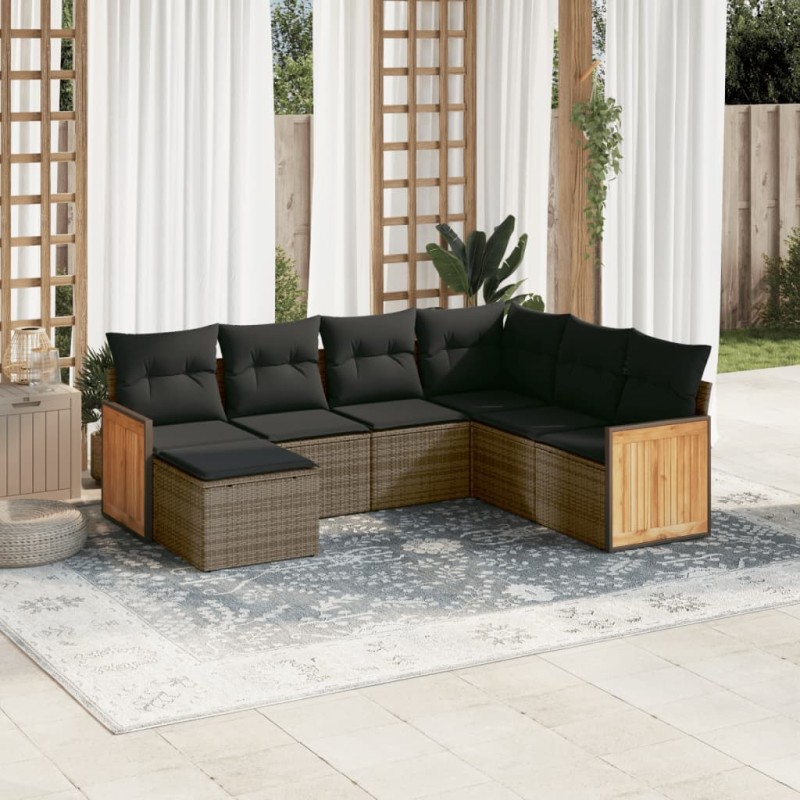 vidaXL Set de sofás de jardín 7 piezas con cojines ratán PE gris vidaXL Set de sofás de jardín 7 piezas con cojines ratán PE gris