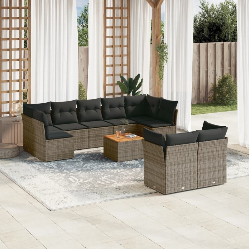 vidaXL Set de sofás de jardín 10 pzas con cojines ratán sintético gris vidaXL Set de sofás de jardín 10 pzas con cojines ratán sintético gris