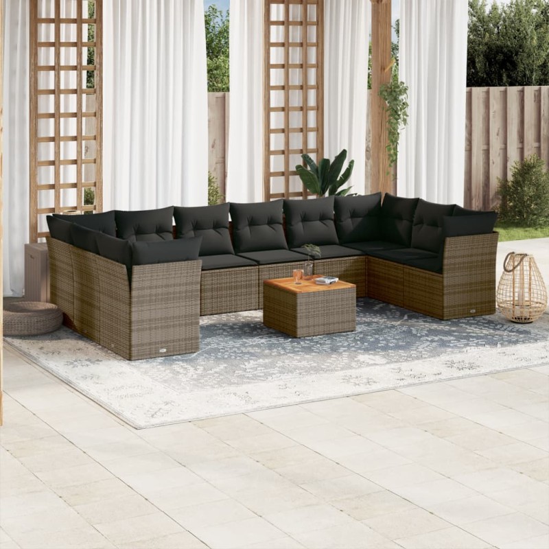 vidaXL Set de sofás de jardín 11 pzas y cojines ratán sintético gris vidaXL Set de sofás de jardín 11 pzas y cojines ratán sintético gris