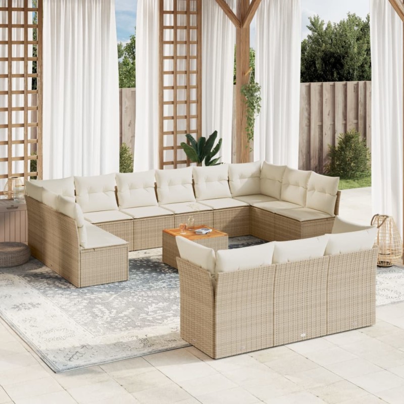 vidaXL Set sofás de jardín 14 pzas con cojines ratán sintético beige vidaXL Set sofás de jardín 14 pzas con cojines ratán sintético beige