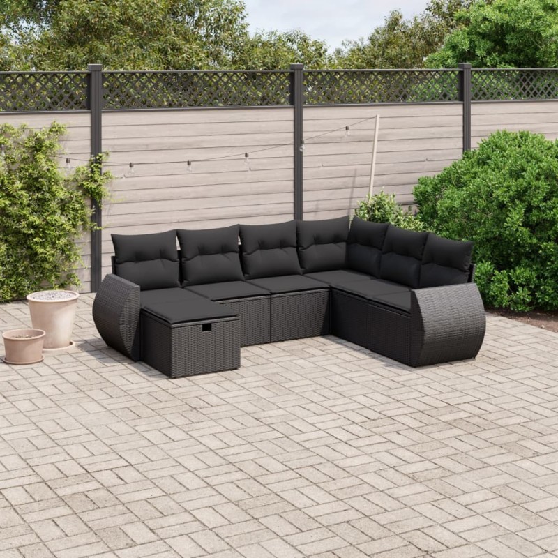 vidaXL Set de comedor de jardín 7 pzas y cojines ratán sintético negro vidaXL Set de comedor de jardín 7 pzas y cojines ratán sintético negro
