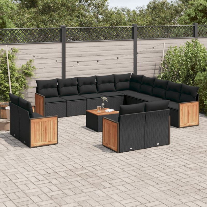 vidaXL Set sofás de jardín 14 pzas con cojines ratán sintético negro vidaXL Set sofás de jardín 14 pzas con cojines ratán sintético negro