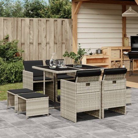 vidaXL Set comedor de jardín 9 pzas cojines ratán sintético gris claro