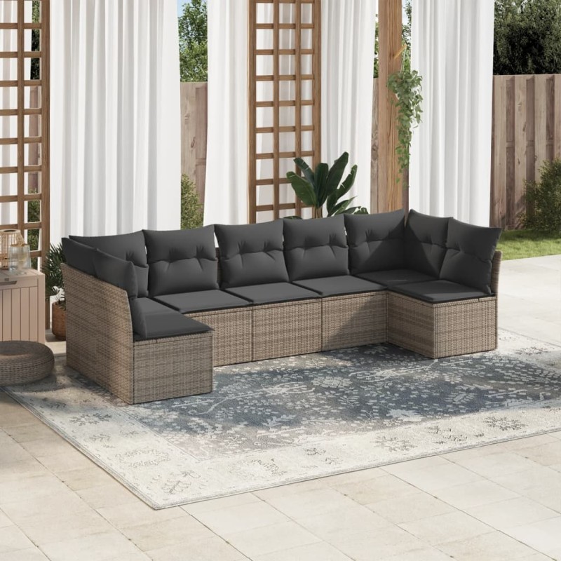 vidaXL Set de sofás de jardín 7 piezas con cojines ratán PE gris vidaXL Set de sofás de jardín 7 piezas con cojines ratán PE gris