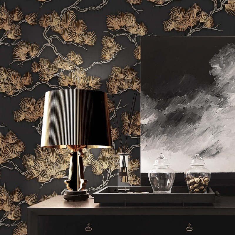 DUTCH WALLCOVERINGS Papel de pared pino negro y dorado DUTCH WALLCOVERINGS Papel de pared pino negro y dorado